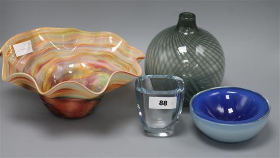 A French multi-coloured bowl, a Swedish Art glass vase and two other pieces largest 29.5cm